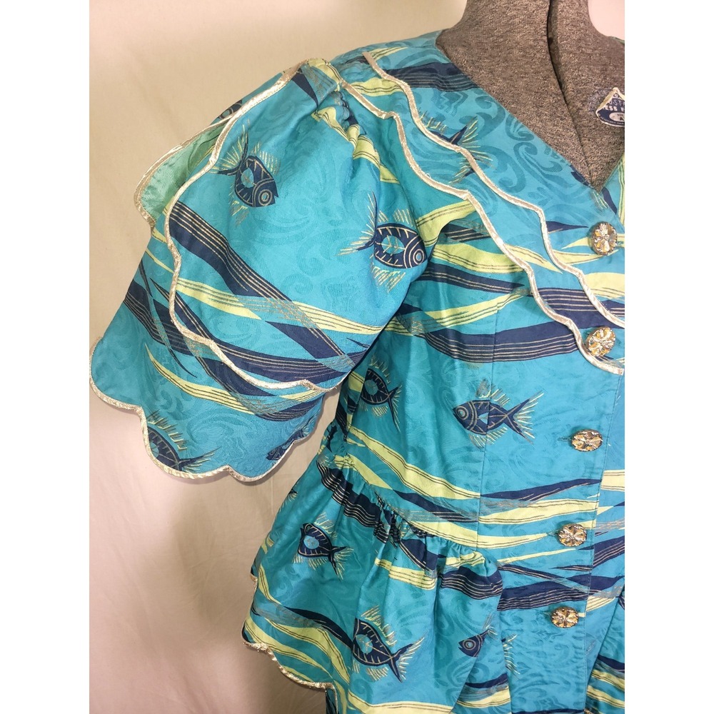 Vintage 50s 60s‎ Tropical Fish Print Set Skirt Blouse Jacket Blue Funky Volup XL - Picture 3 of 16